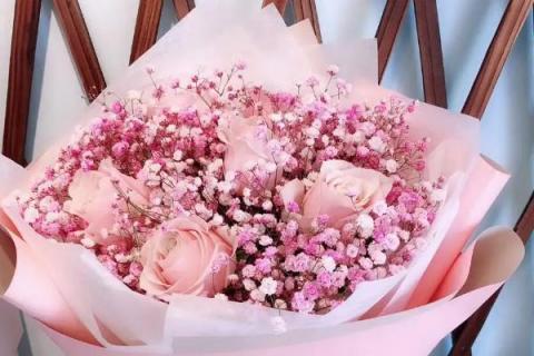 三朵粉玫瑰加满天星的寓意，寓意真爱永恒、默默守护等